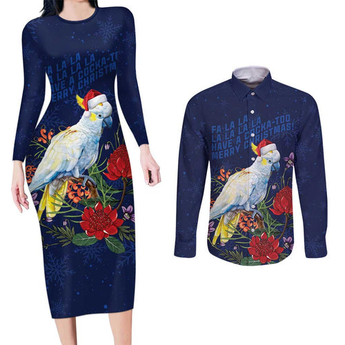 Merry Cocka-mas Couples Matching Long Sleeve Bodycon Dress and Long Sleeve Button Shirt Australia Christmas Blue Art - Aussie Hoodie