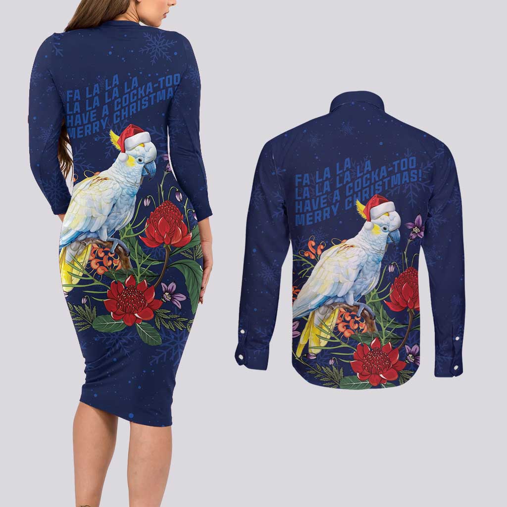 Merry Cocka-mas Couples Matching Long Sleeve Bodycon Dress and Long Sleeve Button Shirt Australia Christmas Blue Art - Aussie Hoodie