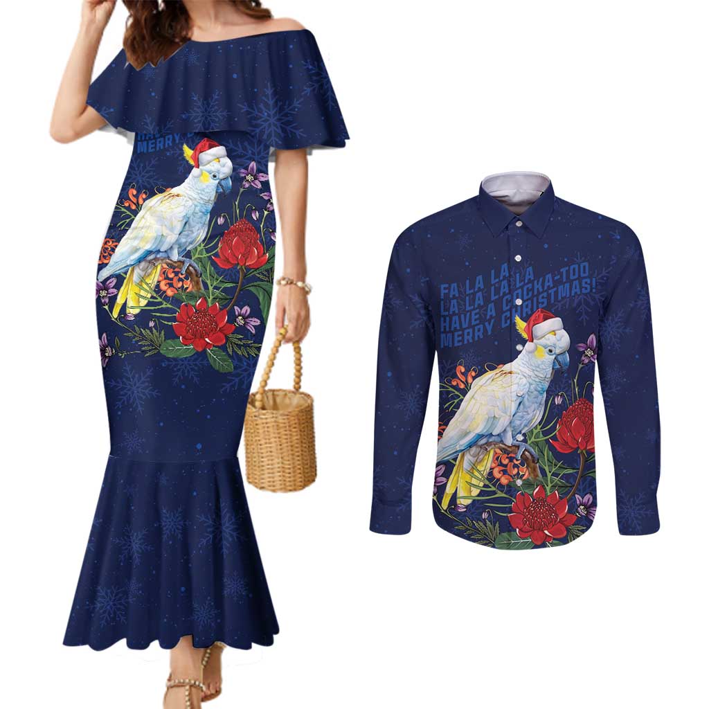 Merry Cocka-mas Couples Matching Mermaid Dress and Long Sleeve Button Shirt Australia Christmas Blue Art - Aussie Hoodie