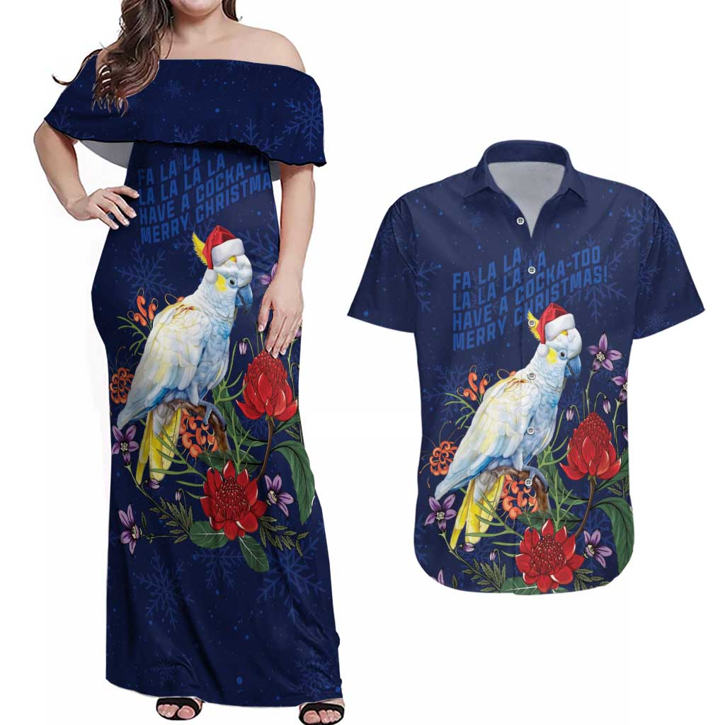 Merry Cocka-mas Couples Matching Off Shoulder Maxi Dress and Hawaiian Shirt Australia Christmas Blue Art - Aussie Hoodie