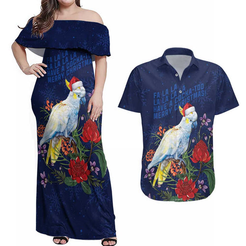 Merry Cocka-mas Couples Matching Off Shoulder Maxi Dress and Hawaiian Shirt Australia Christmas Blue Art - Aussie Hoodie