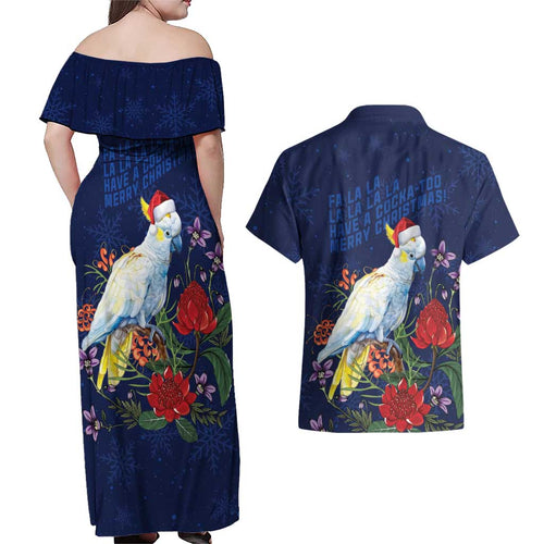 Merry Cocka-mas Couples Matching Off Shoulder Maxi Dress and Hawaiian Shirt Australia Christmas Blue Art - Aussie Hoodie