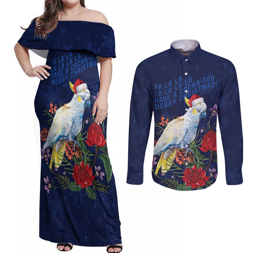 Merry Cocka-mas Couples Matching Off Shoulder Maxi Dress and Long Sleeve Button Shirt Australia Christmas Blue Art - Aussie Hoodie
