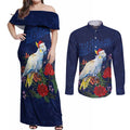 Merry Cocka-mas Couples Matching Off Shoulder Maxi Dress and Long Sleeve Button Shirt Australia Christmas Blue Art - Aussie Hoodie