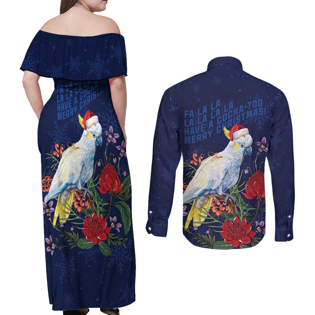 Merry Cocka-mas Couples Matching Off Shoulder Maxi Dress and Long Sleeve Button Shirt Australia Christmas Blue Art - Aussie Hoodie