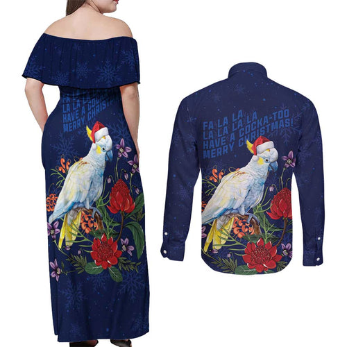 Merry Cocka-mas Couples Matching Off Shoulder Maxi Dress and Long Sleeve Button Shirt Australia Christmas Blue Art - Aussie Hoodie
