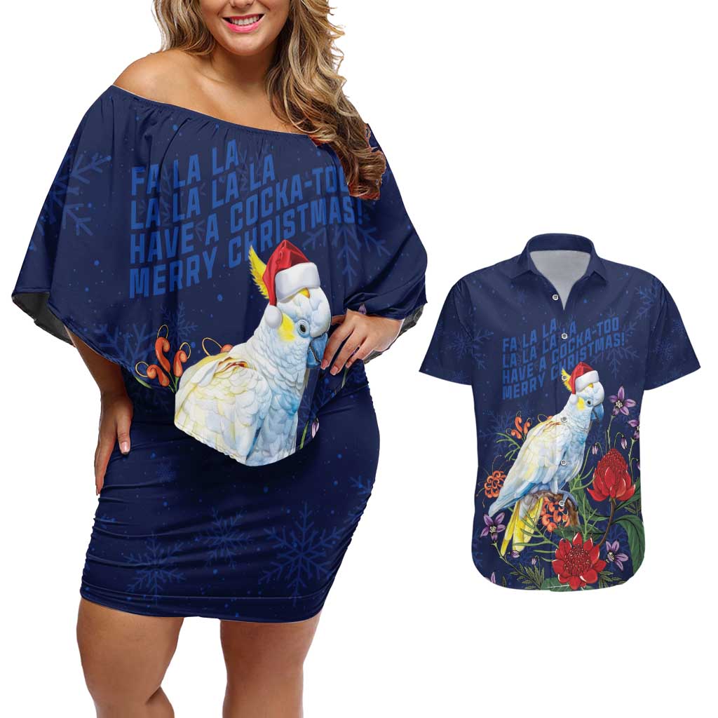 Merry Cocka-mas Couples Matching Off Shoulder Short Dress and Hawaiian Shirt Australia Christmas Blue Art - Aussie Hoodie