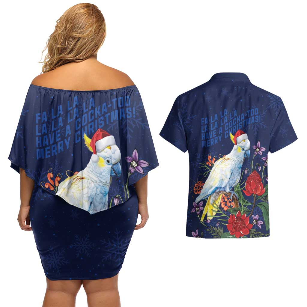 Merry Cocka-mas Couples Matching Off Shoulder Short Dress and Hawaiian Shirt Australia Christmas Blue Art - Aussie Hoodie