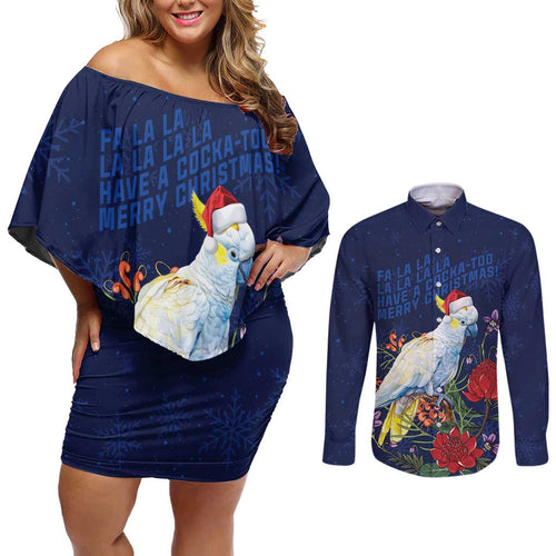 Merry Cocka-mas Couples Matching Off Shoulder Short Dress and Long Sleeve Button Shirt Australia Christmas Blue Art - Aussie Hoodie