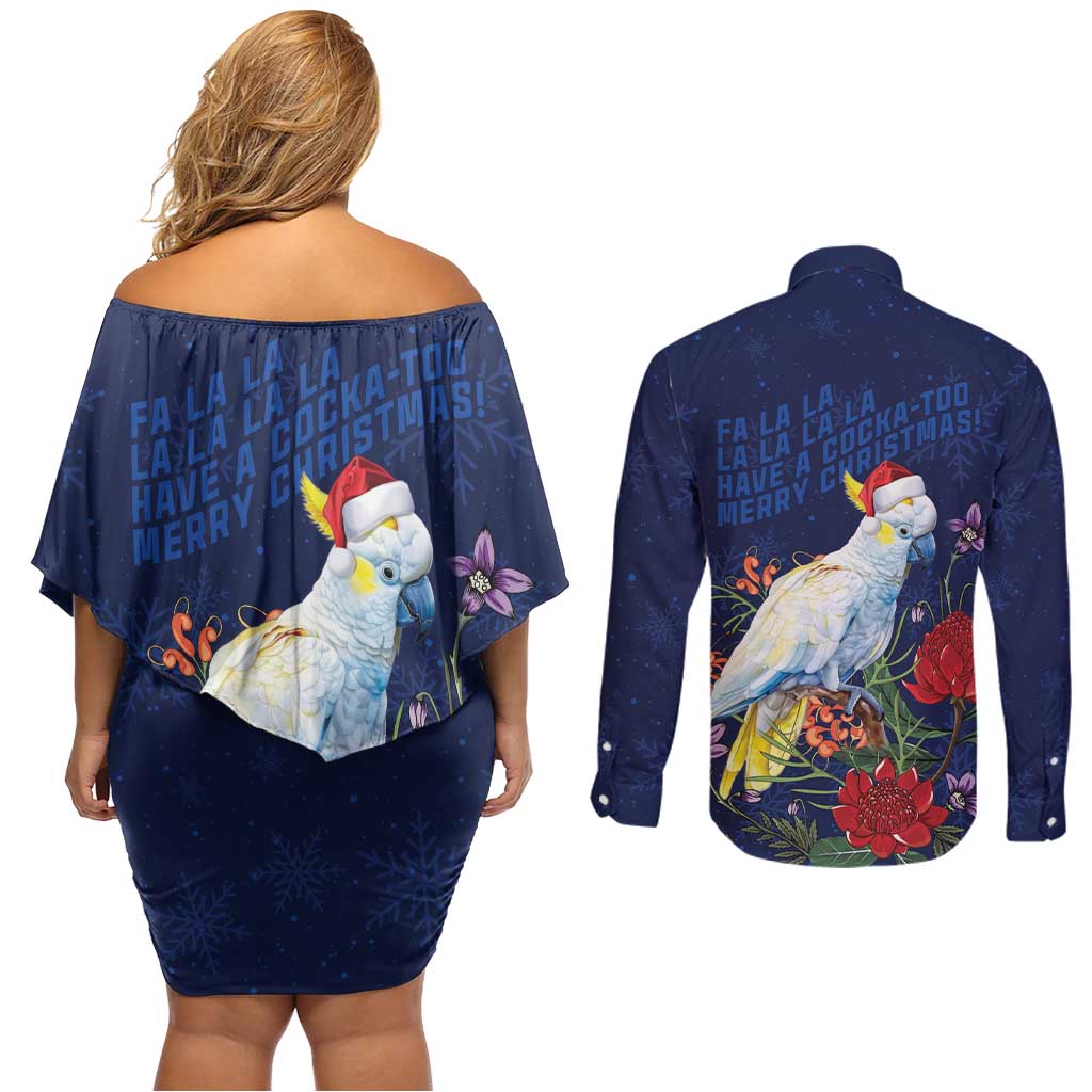 Merry Cocka-mas Couples Matching Off Shoulder Short Dress and Long Sleeve Button Shirt Australia Christmas Blue Art - Aussie Hoodie