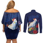 Merry Cocka-mas Couples Matching Off Shoulder Short Dress and Long Sleeve Button Shirt Australia Christmas Blue Art - Aussie Hoodie