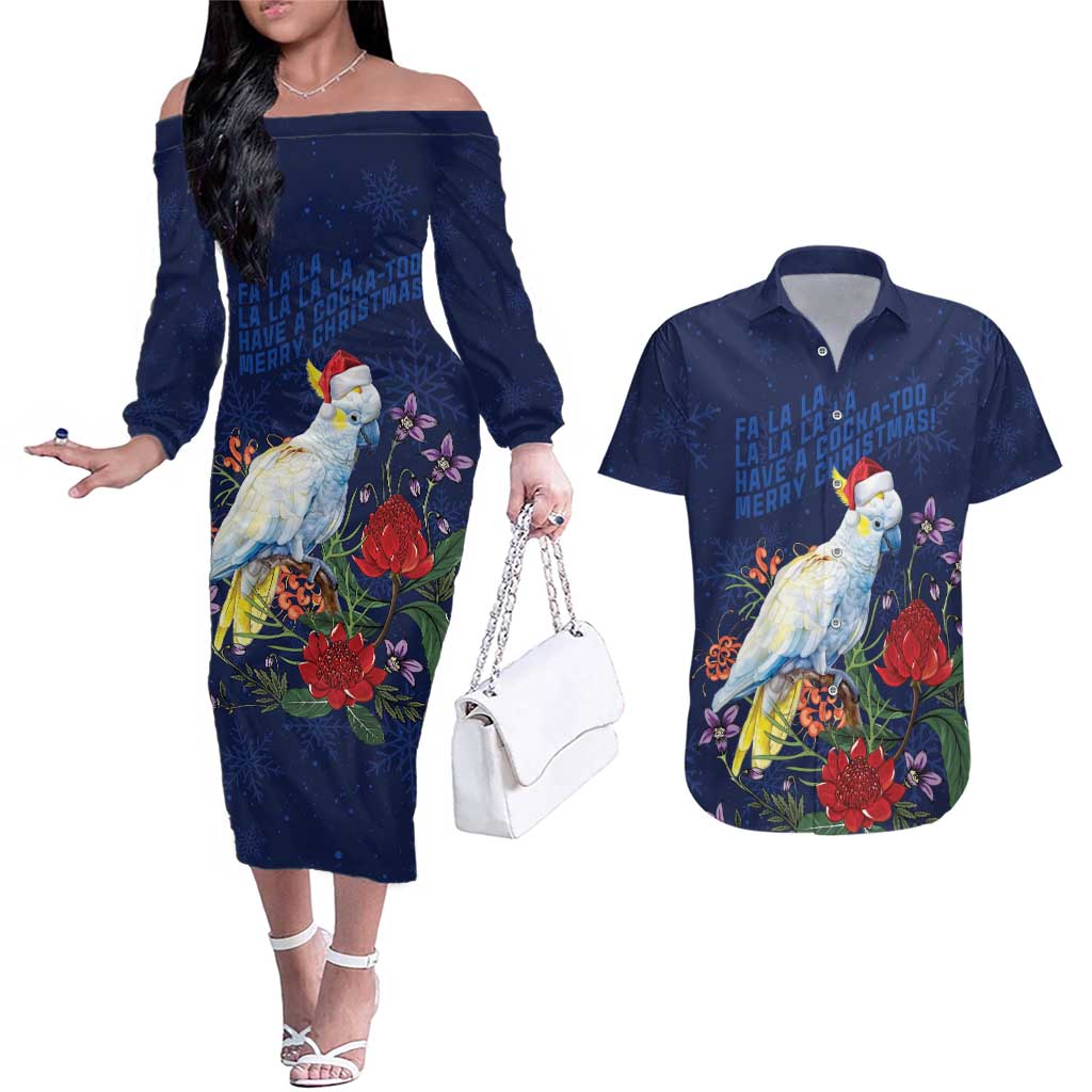 Merry Cocka-mas Couples Matching Off The Shoulder Long Sleeve Dress and Hawaiian Shirt Australia Christmas Blue Art - Aussie Hoodie