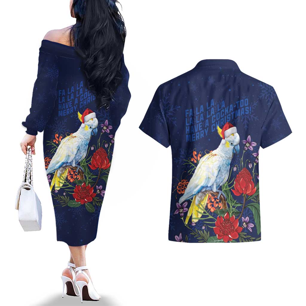 Merry Cocka-mas Couples Matching Off The Shoulder Long Sleeve Dress and Hawaiian Shirt Australia Christmas Blue Art - Aussie Hoodie