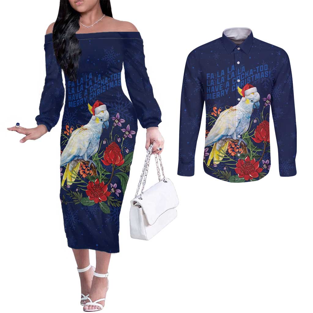 Merry Cocka-mas Couples Matching Off The Shoulder Long Sleeve Dress and Long Sleeve Button Shirt Australia Christmas Blue Art - Aussie Hoodie