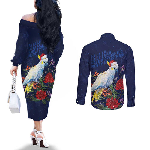 Merry Cocka-mas Couples Matching Off The Shoulder Long Sleeve Dress and Long Sleeve Button Shirt Australia Christmas Blue Art - Aussie Hoodie