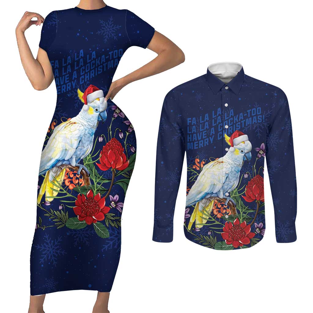 Merry Cocka-mas Couples Matching Short Sleeve Bodycon Dress and Long Sleeve Button Shirt Australia Christmas Blue Art - Aussie Hoodie
