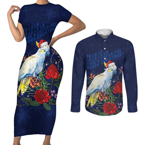 Merry Cocka-mas Couples Matching Short Sleeve Bodycon Dress and Long Sleeve Button Shirt Australia Christmas Blue Art - Aussie Hoodie