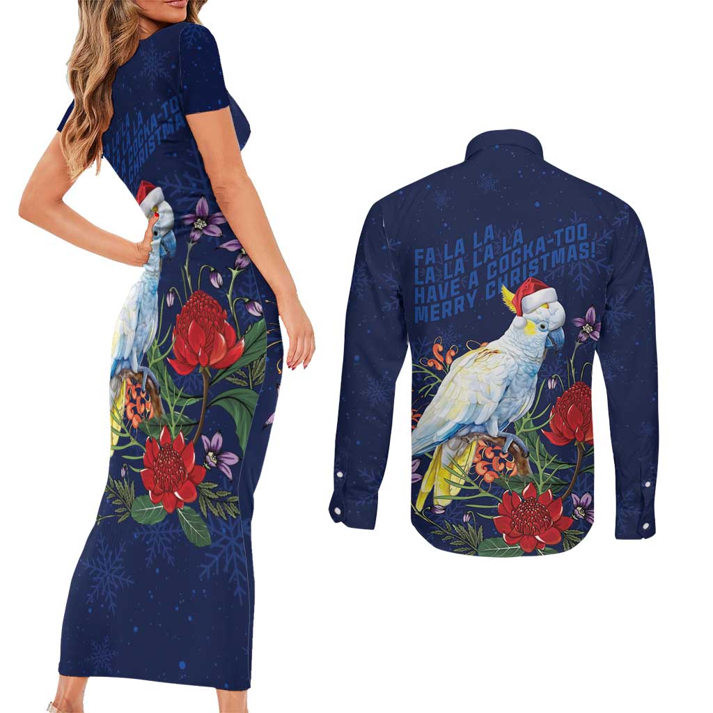 Merry Cocka-mas Couples Matching Short Sleeve Bodycon Dress and Long Sleeve Button Shirt Australia Christmas Blue Art - Aussie Hoodie