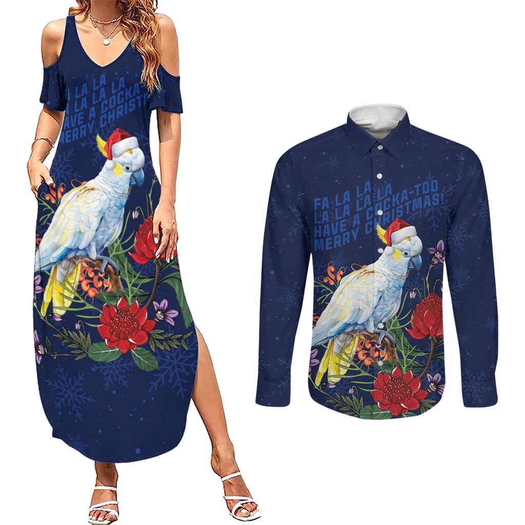 Merry Cocka-mas Couples Matching Summer Maxi Dress and Long Sleeve Button Shirt Australia Christmas Blue Art - Aussie Hoodie