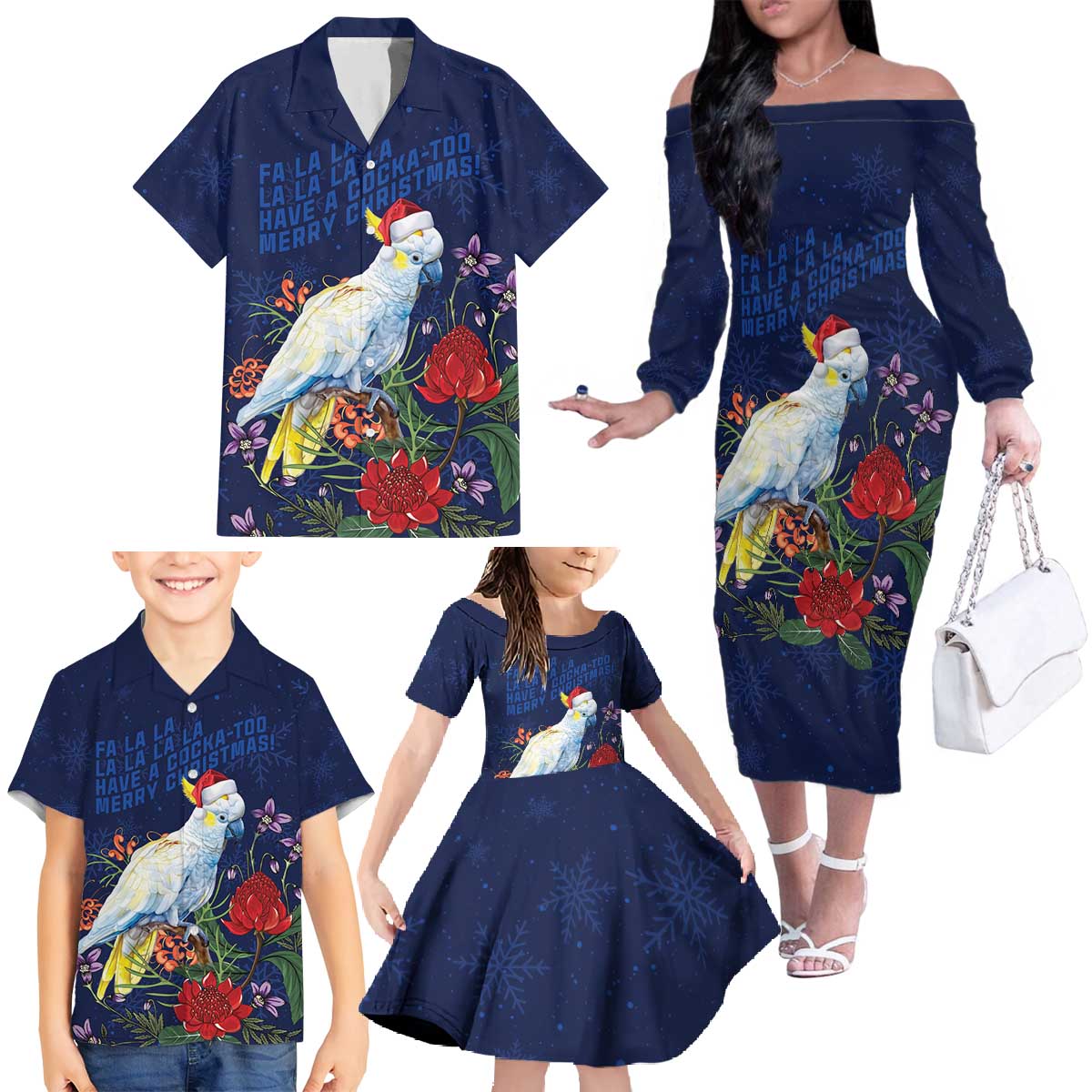 Merry Cocka-mas Family Matching Off The Shoulder Long Sleeve Dress and Hawaiian Shirt Australia Christmas Blue Art - Aussie Hoodie