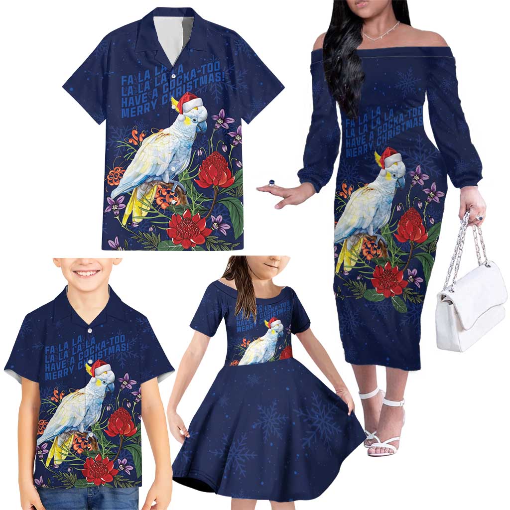 Merry Cocka-mas Family Matching Off The Shoulder Long Sleeve Dress and Hawaiian Shirt Australia Christmas Blue Art - Aussie Hoodie