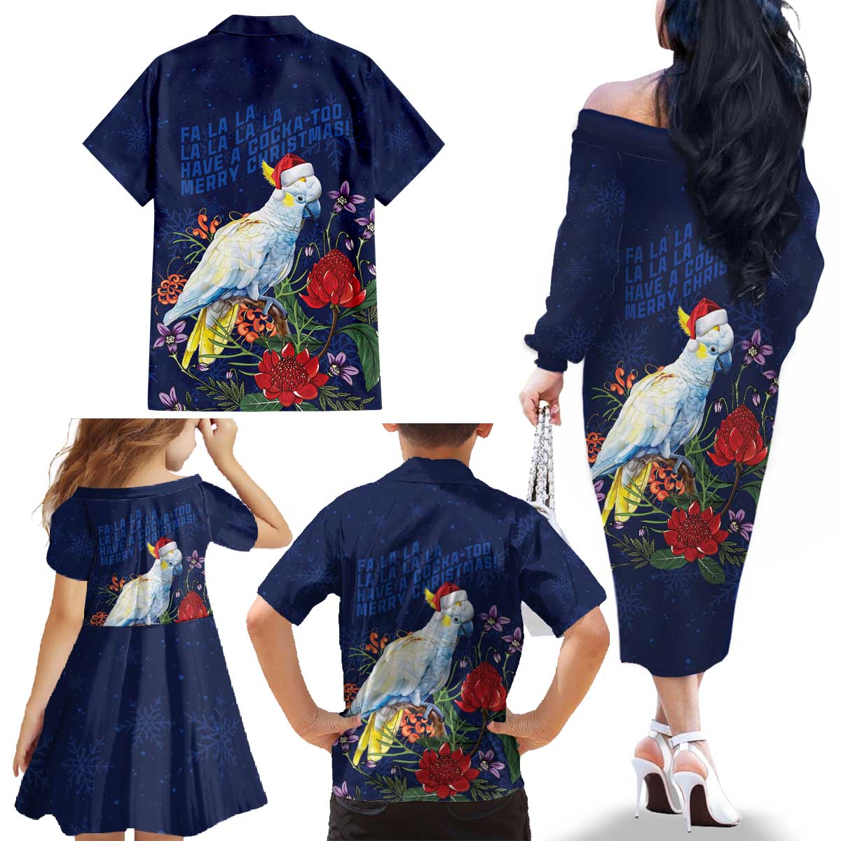 Merry Cocka-mas Family Matching Off The Shoulder Long Sleeve Dress and Hawaiian Shirt Australia Christmas Blue Art - Aussie Hoodie