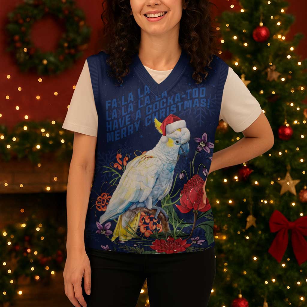 Merry Cocka-mas Christmas Knitted V-Neck Vest Australia Christmas Blue Art - Aussie Hoodie