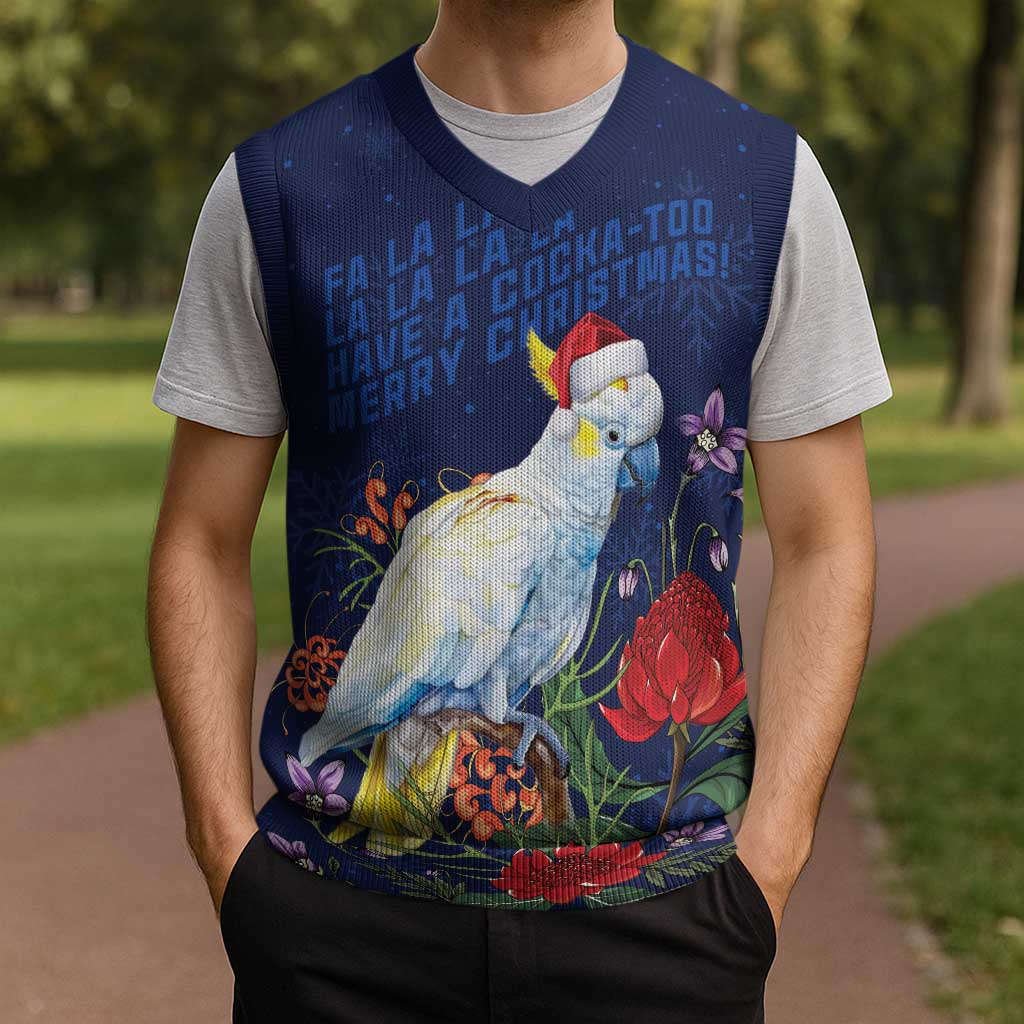 Merry Cocka-mas Christmas Knitted V-Neck Vest Australia Christmas Blue Art - Aussie Hoodie