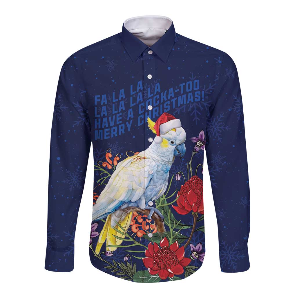 Merry Cocka-mas Long Sleeve Button Shirt Australia Christmas Blue Art - Aussie Hoodie