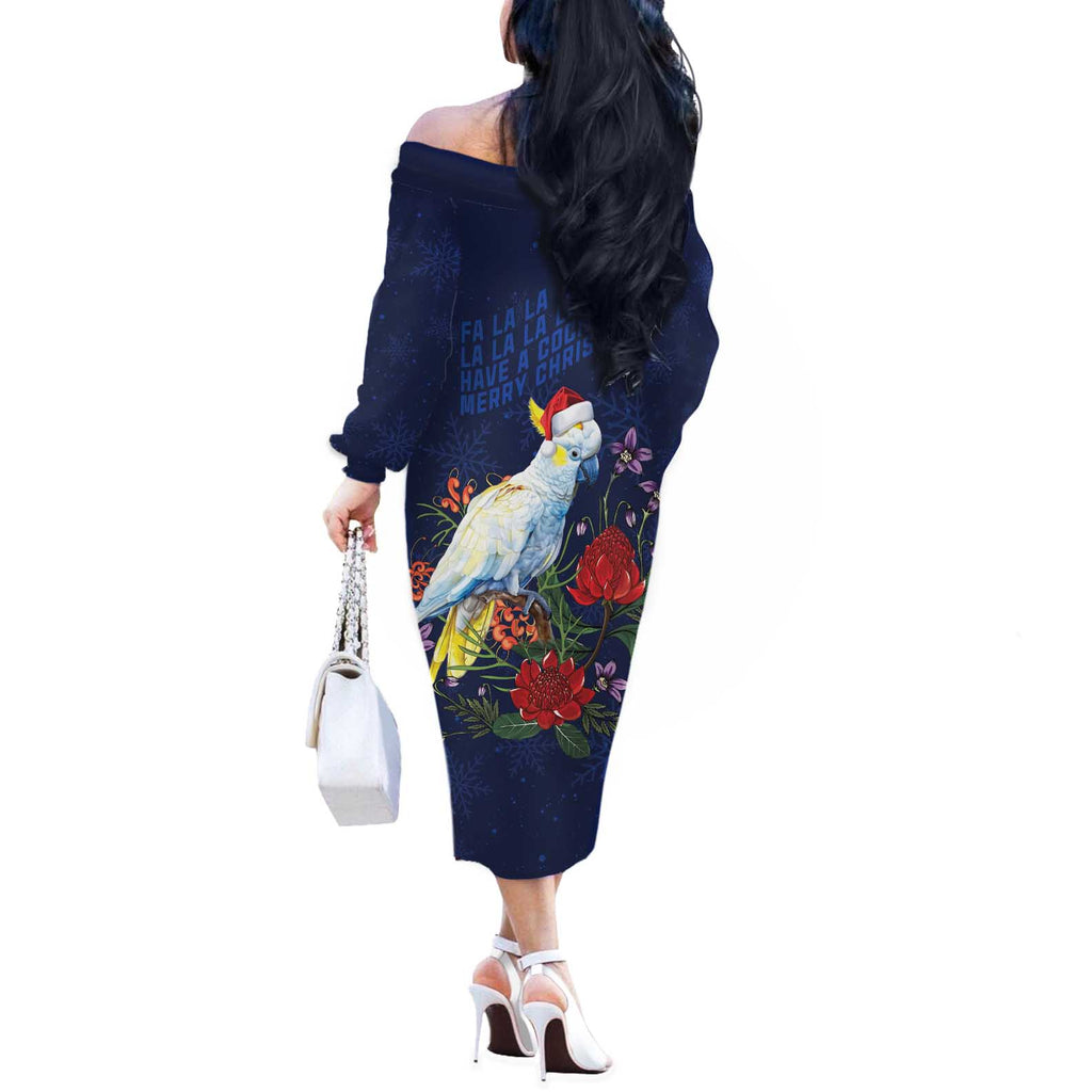 Merry Cocka-mas Off The Shoulder Long Sleeve Dress Australia Christmas Blue Art - Aussie Hoodie