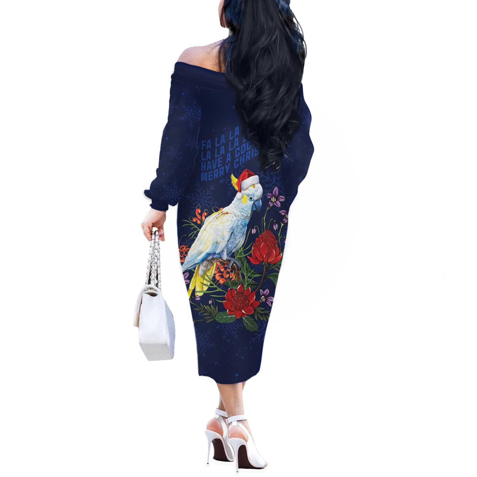 Merry Cocka-mas Off The Shoulder Long Sleeve Dress Australia Christmas Blue Art - Aussie Hoodie