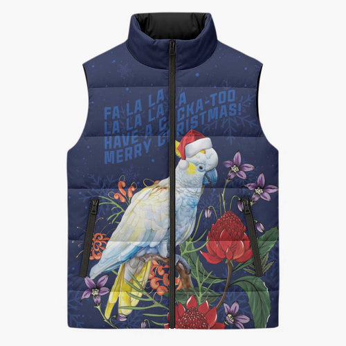 Merry Cocka-mas Sleeveless Puffer Jacket Australia Christmas Blue Art - Aussie Hoodie
