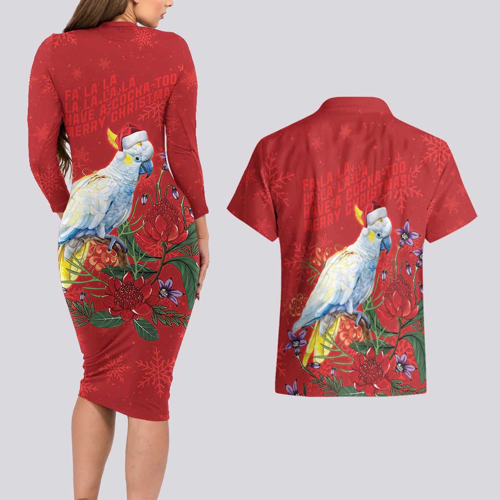 Merry Cocka-mas Couples Matching Long Sleeve Bodycon Dress and Hawaiian Shirt Australia Christmas Red Art - Aussie Hoodie