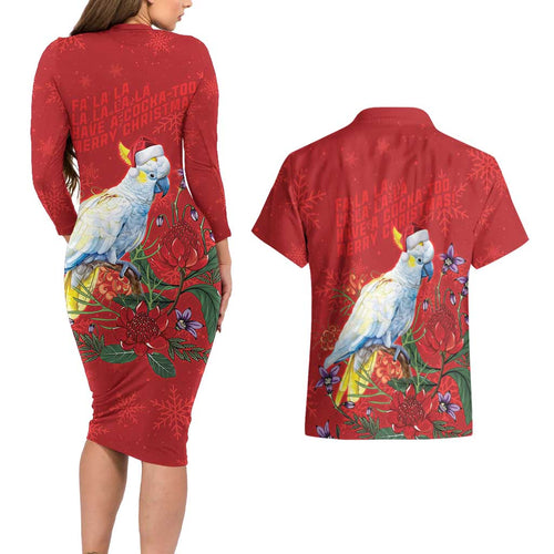 Merry Cocka-mas Couples Matching Long Sleeve Bodycon Dress and Hawaiian Shirt Australia Christmas Red Art - Aussie Hoodie