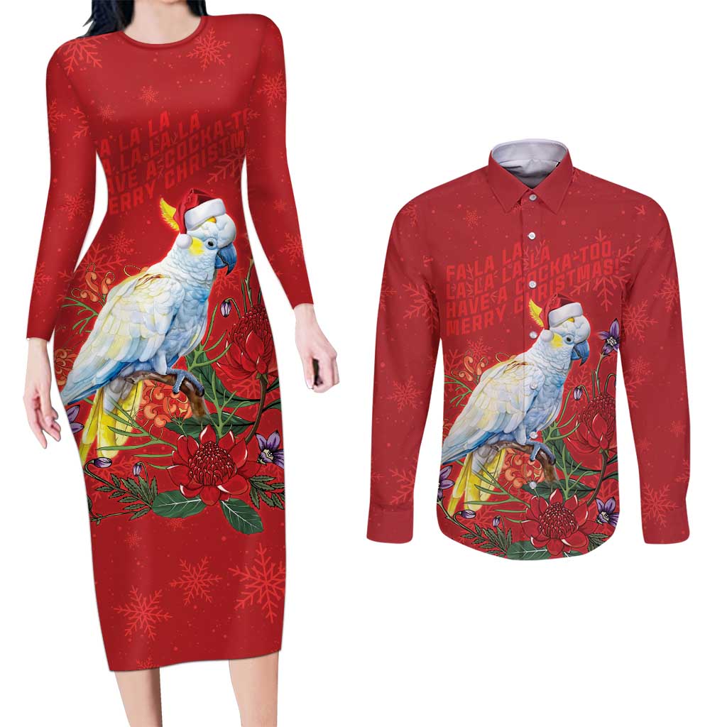 Merry Cocka-mas Couples Matching Long Sleeve Bodycon Dress and Long Sleeve Button Shirt Australia Christmas Red Art - Aussie Hoodie