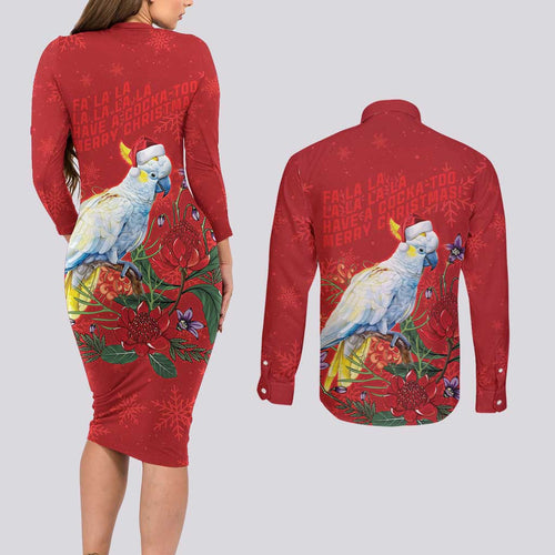 Merry Cocka-mas Couples Matching Long Sleeve Bodycon Dress and Long Sleeve Button Shirt Australia Christmas Red Art - Aussie Hoodie