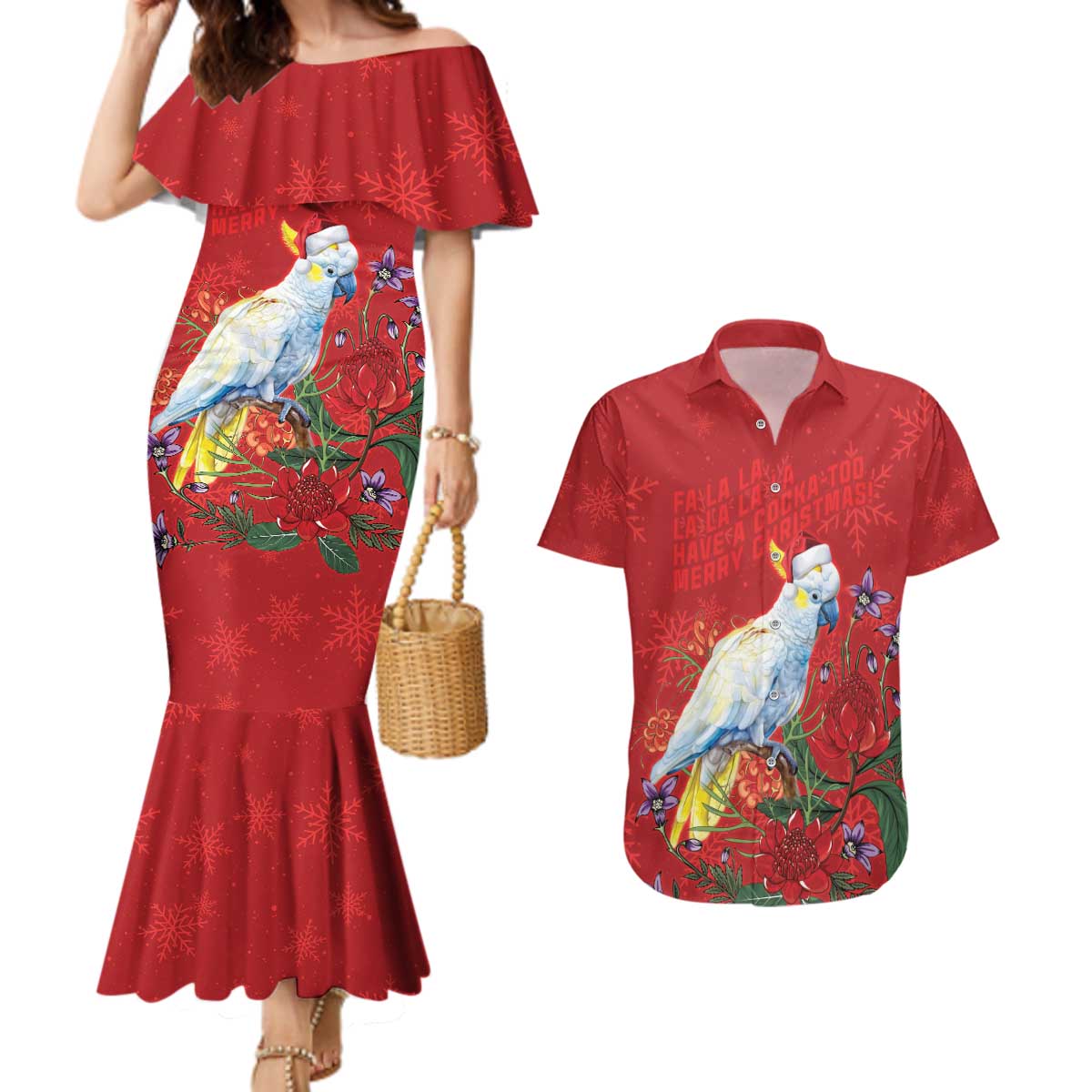 Merry Cocka-mas Couples Matching Mermaid Dress and Hawaiian Shirt Australia Christmas Red Art - Aussie Hoodie