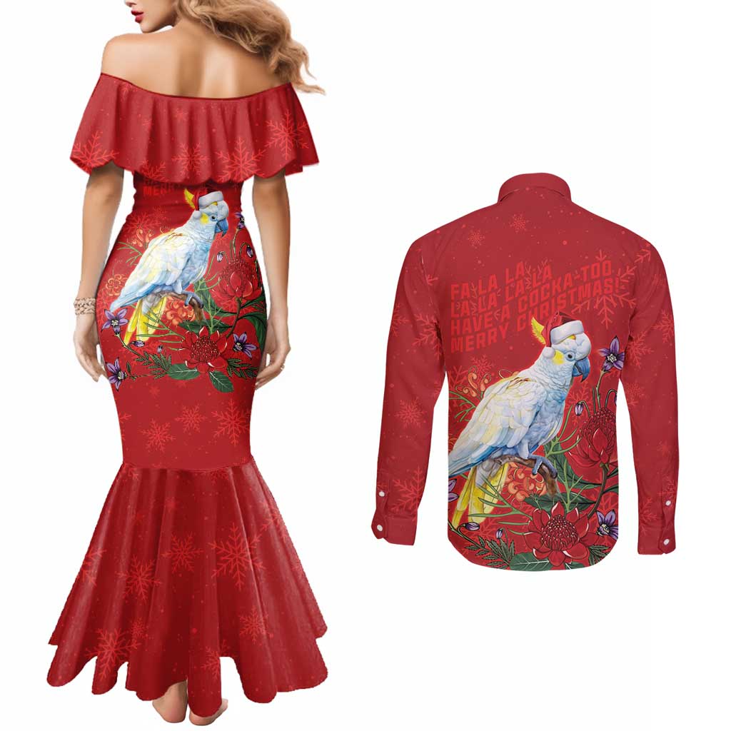 Merry Cocka-mas Couples Matching Mermaid Dress and Long Sleeve Button Shirt Australia Christmas Red Art - Aussie Hoodie