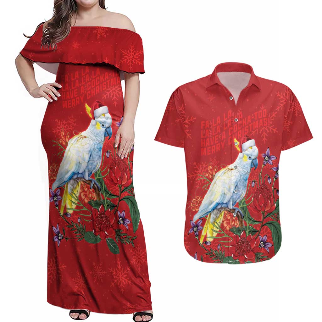 Merry Cocka-mas Couples Matching Off Shoulder Maxi Dress and Hawaiian Shirt Australia Christmas Red Art - Aussie Hoodie