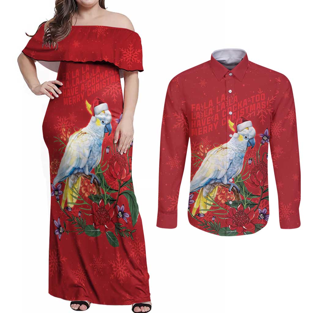 Merry Cocka-mas Couples Matching Off Shoulder Maxi Dress and Long Sleeve Button Shirt Australia Christmas Red Art - Aussie Hoodie