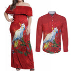 Merry Cocka-mas Couples Matching Off Shoulder Maxi Dress and Long Sleeve Button Shirt Australia Christmas Red Art - Aussie Hoodie