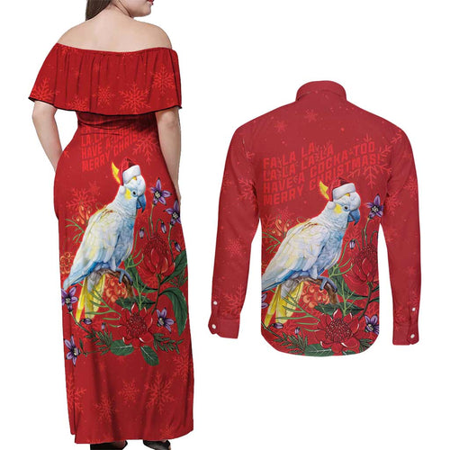 Merry Cocka-mas Couples Matching Off Shoulder Maxi Dress and Long Sleeve Button Shirt Australia Christmas Red Art - Aussie Hoodie