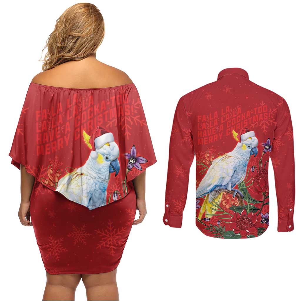 Merry Cocka-mas Couples Matching Off Shoulder Short Dress and Long Sleeve Button Shirt Australia Christmas Red Art - Aussie Hoodie