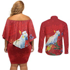Merry Cocka-mas Couples Matching Off Shoulder Short Dress and Long Sleeve Button Shirt Australia Christmas Red Art - Aussie Hoodie