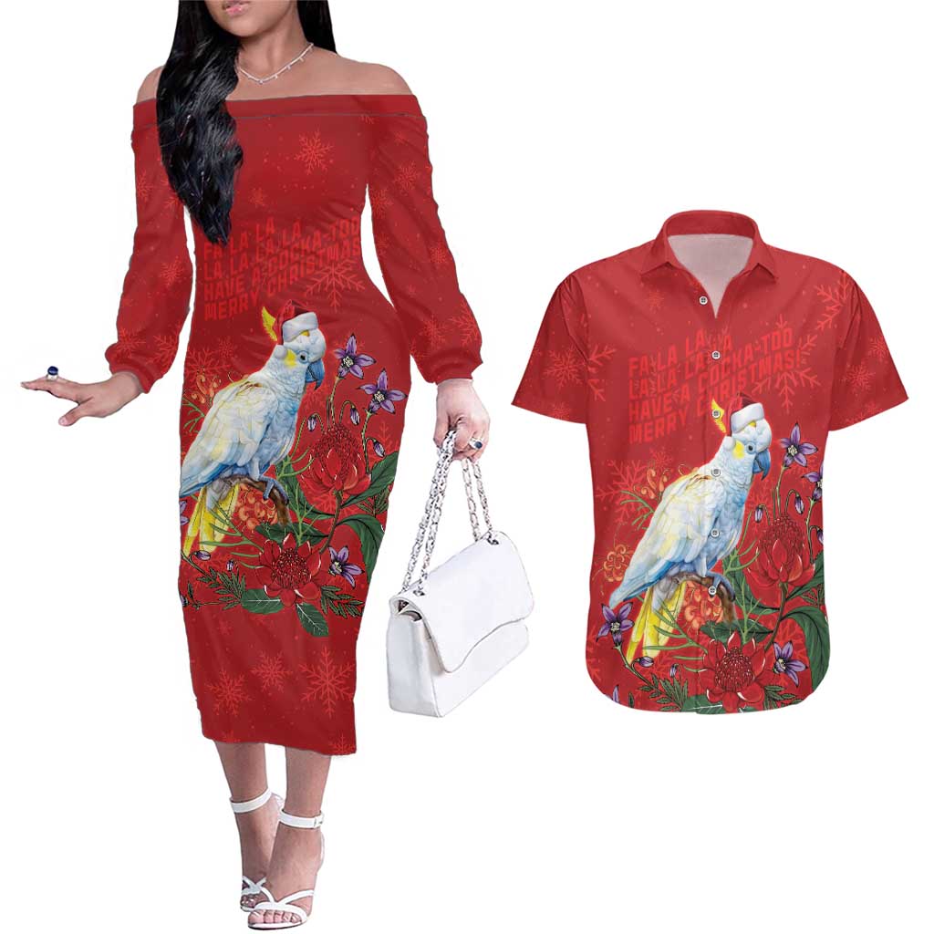 Merry Cocka-mas Couples Matching Off The Shoulder Long Sleeve Dress and Hawaiian Shirt Australia Christmas Red Art - Aussie Hoodie
