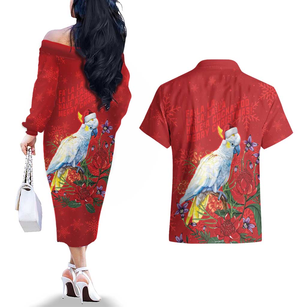Merry Cocka-mas Couples Matching Off The Shoulder Long Sleeve Dress and Hawaiian Shirt Australia Christmas Red Art - Aussie Hoodie
