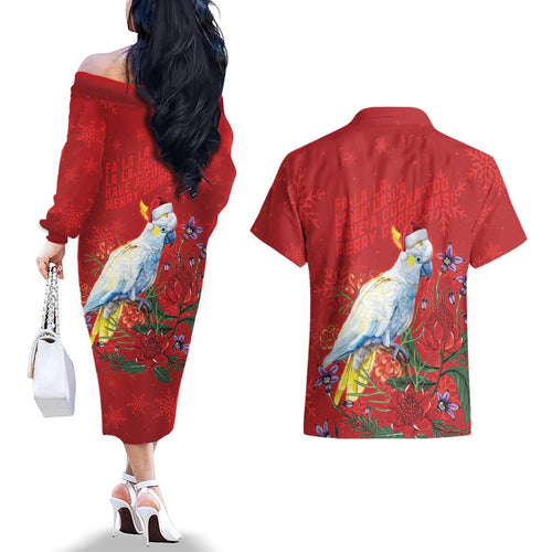 Merry Cocka-mas Couples Matching Off The Shoulder Long Sleeve Dress and Hawaiian Shirt Australia Christmas Red Art - Aussie Hoodie