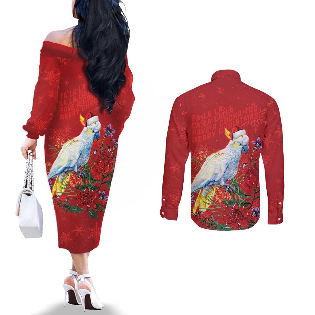 Merry Cocka-mas Couples Matching Off The Shoulder Long Sleeve Dress and Long Sleeve Button Shirt Australia Christmas Red Art - Aussie Hoodie