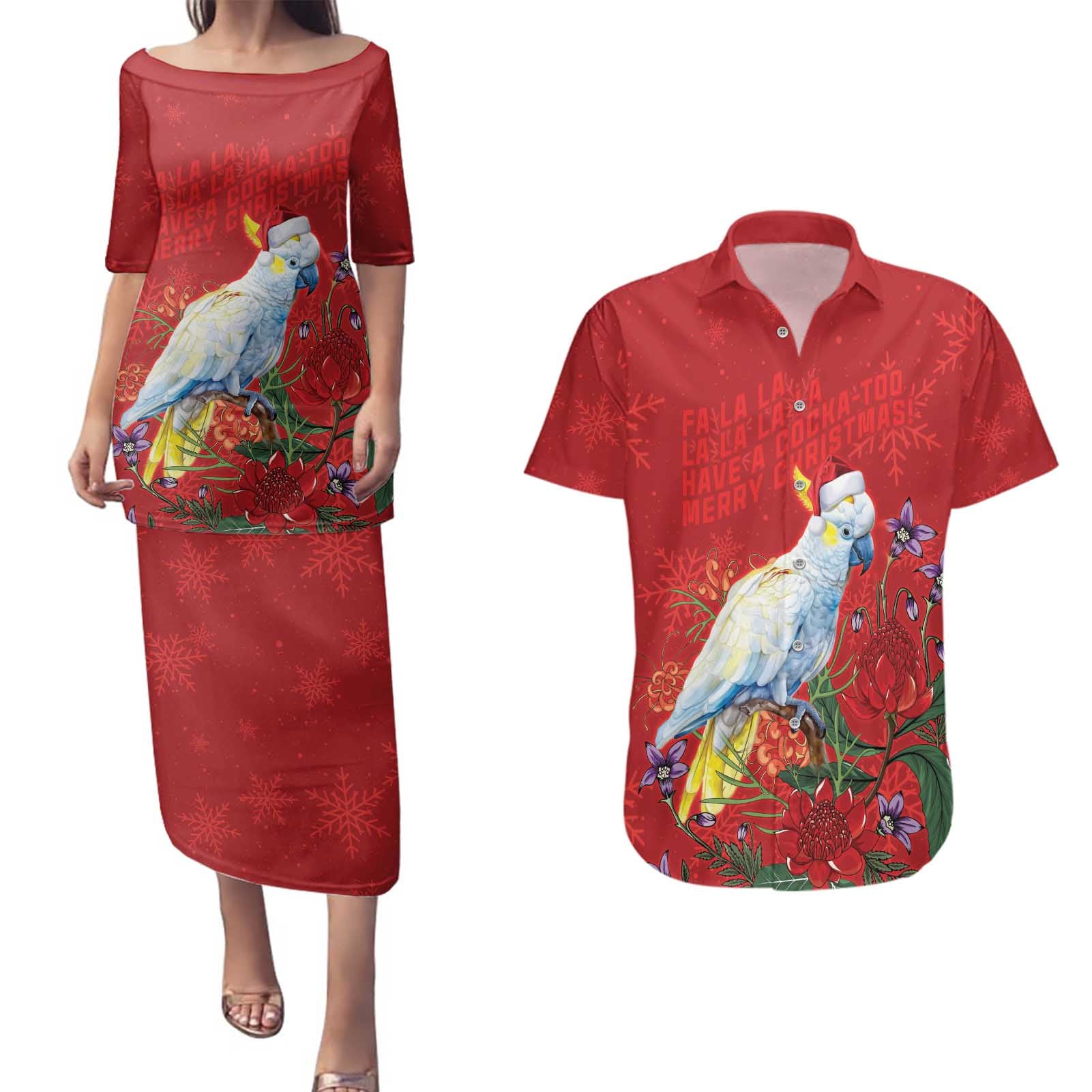 Merry Cocka-mas Couples Matching Puletasi and Hawaiian Shirt Australia Christmas Red Art - Aussie Hoodie