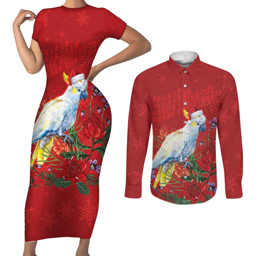 Merry Cocka-mas Couples Matching Short Sleeve Bodycon Dress and Long Sleeve Button Shirt Australia Christmas Red Art - Aussie Hoodie